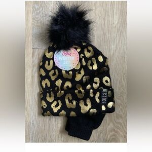 (NWT) Justice Girl’s  Black & Gold Leopard Print Beanie Hat With Matching Gloves